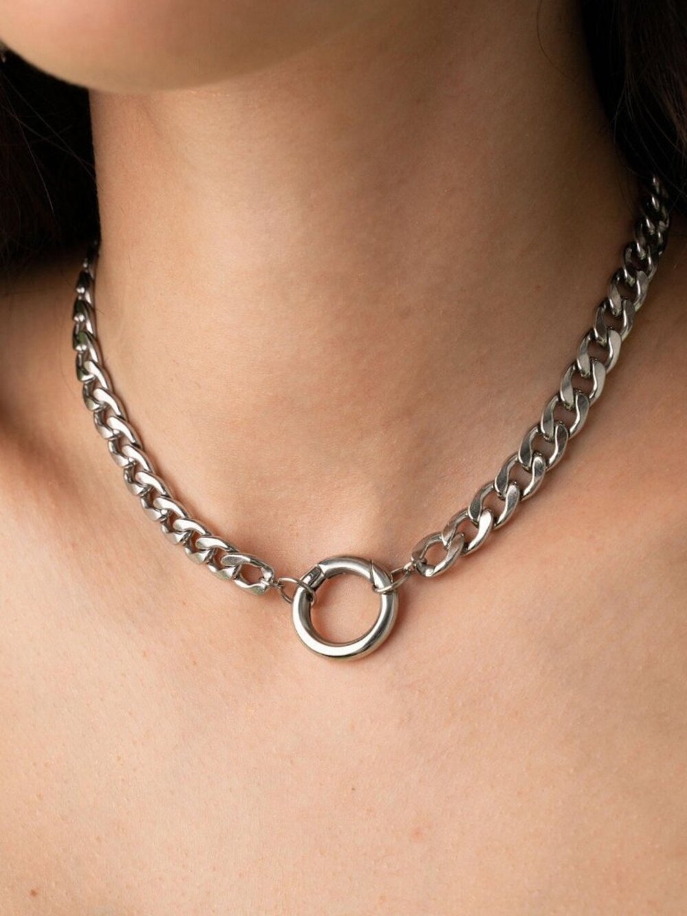 Silver Chunky Curb Chain Necklace O Ring Clasp Choker Statement Fashion Jewelry